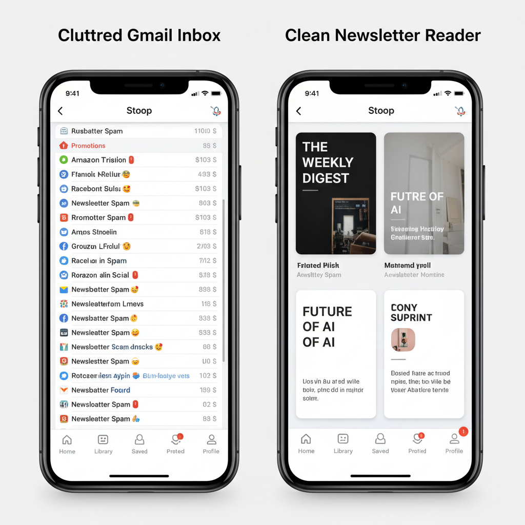 A side-by-side comparison screenshot of a cluttered Gmail inbox versus a clean, magazine-style interface of a newsletter reader app like Stoop or Matter on a smartphone.