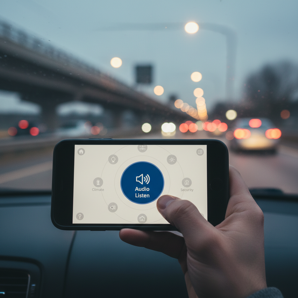 A user holding a smartphone displaying the 'Audio Listen' button feature in the Matter app, with a blurred background suggesting a commuting or driving scenario.