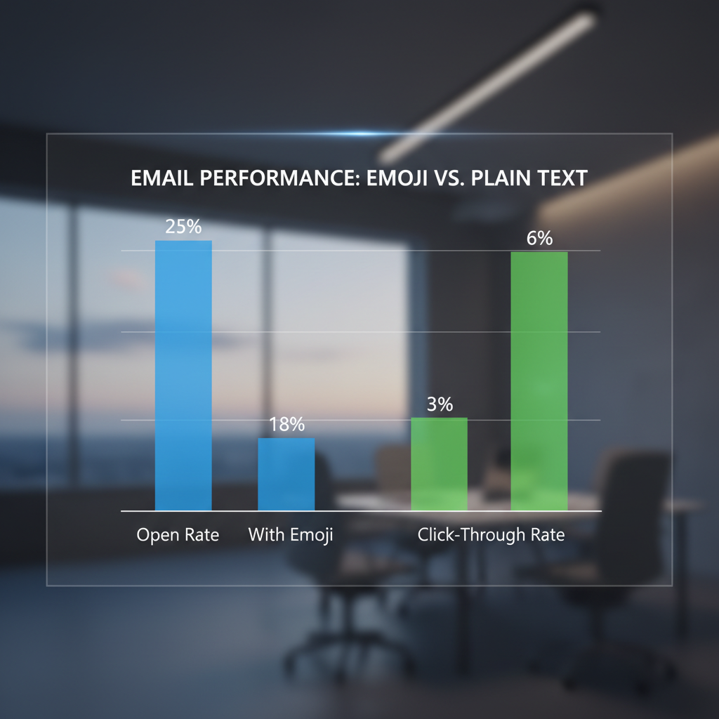 A bar chart comparing email open rates vs. click-through rates for subject lines with and without emojis. The chart shows plain text winning on opens but emojis winning on clicks.