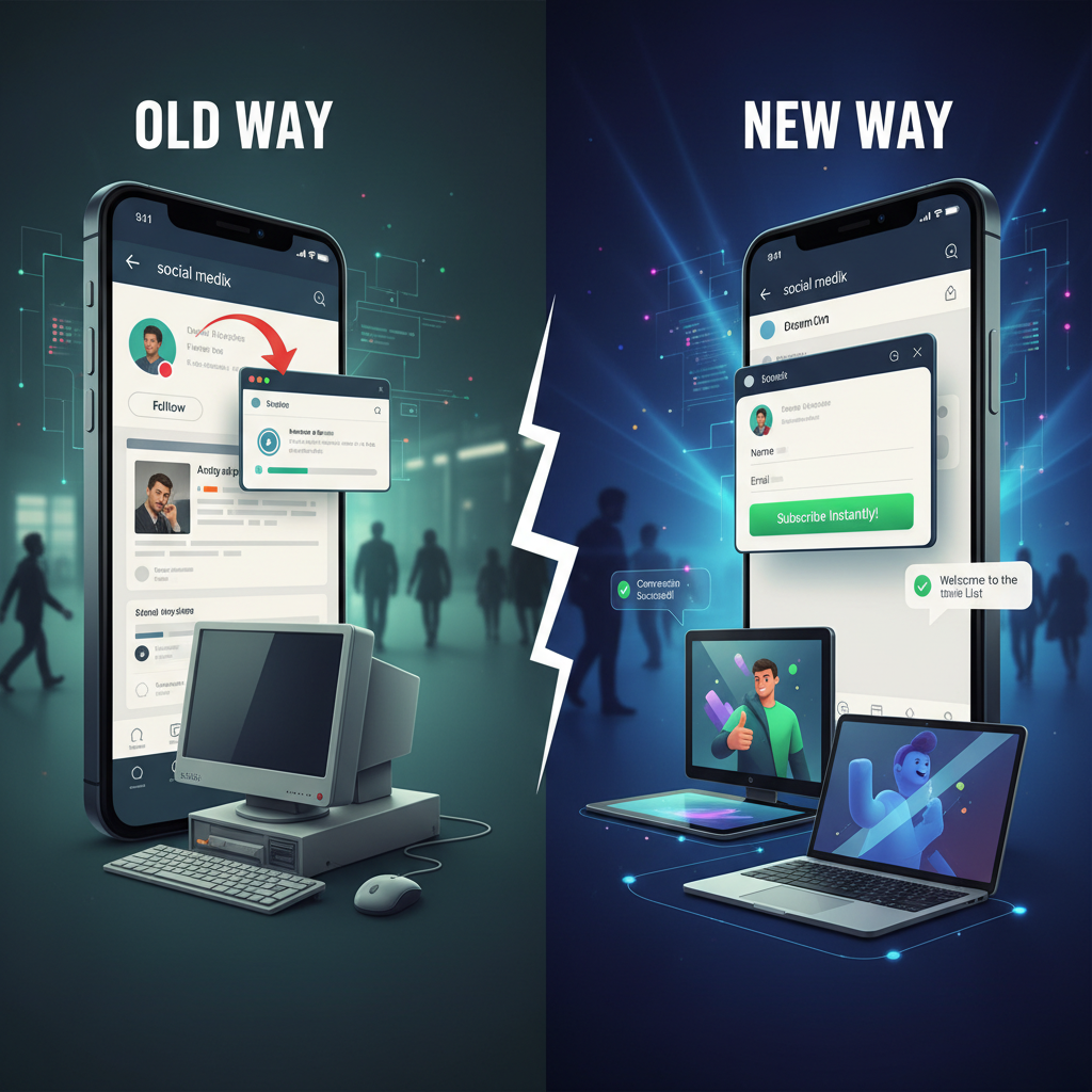 A split screen illustration showing the "Old Way" (Users leaving social platforms to a slow landing page) vs. the "New Way" (Users converting instantly via native pop-up forms within the app)