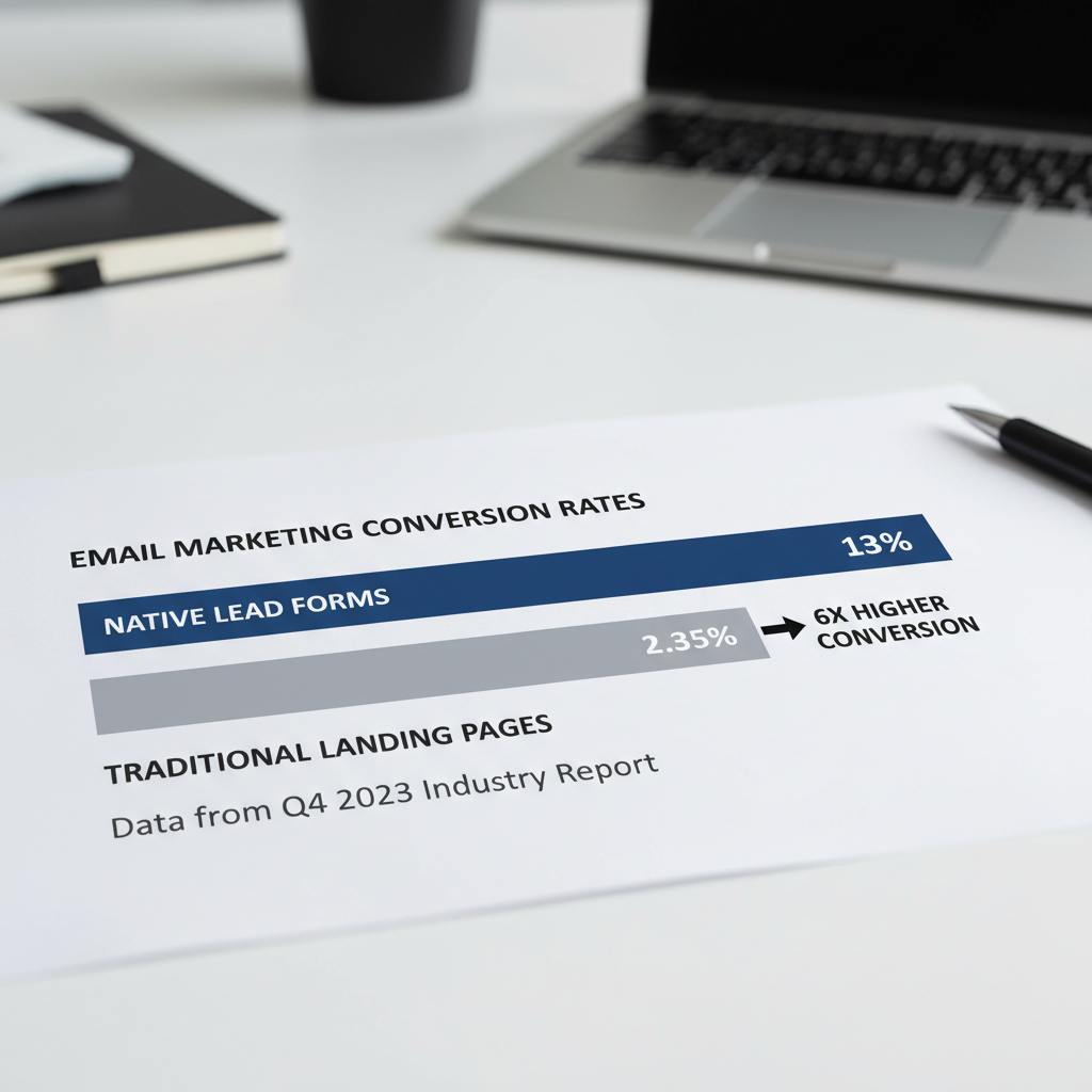 Bar graph comparing the 13% conversion rate of Native Lead Forms against the 2.35% average of Traditional Landing Pages