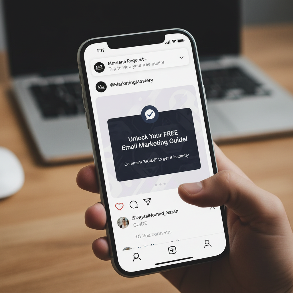 Smartphone screen mockup showing an Instagram comment section where a user types a keyword and instantly receives a DM notification with a lead magnet