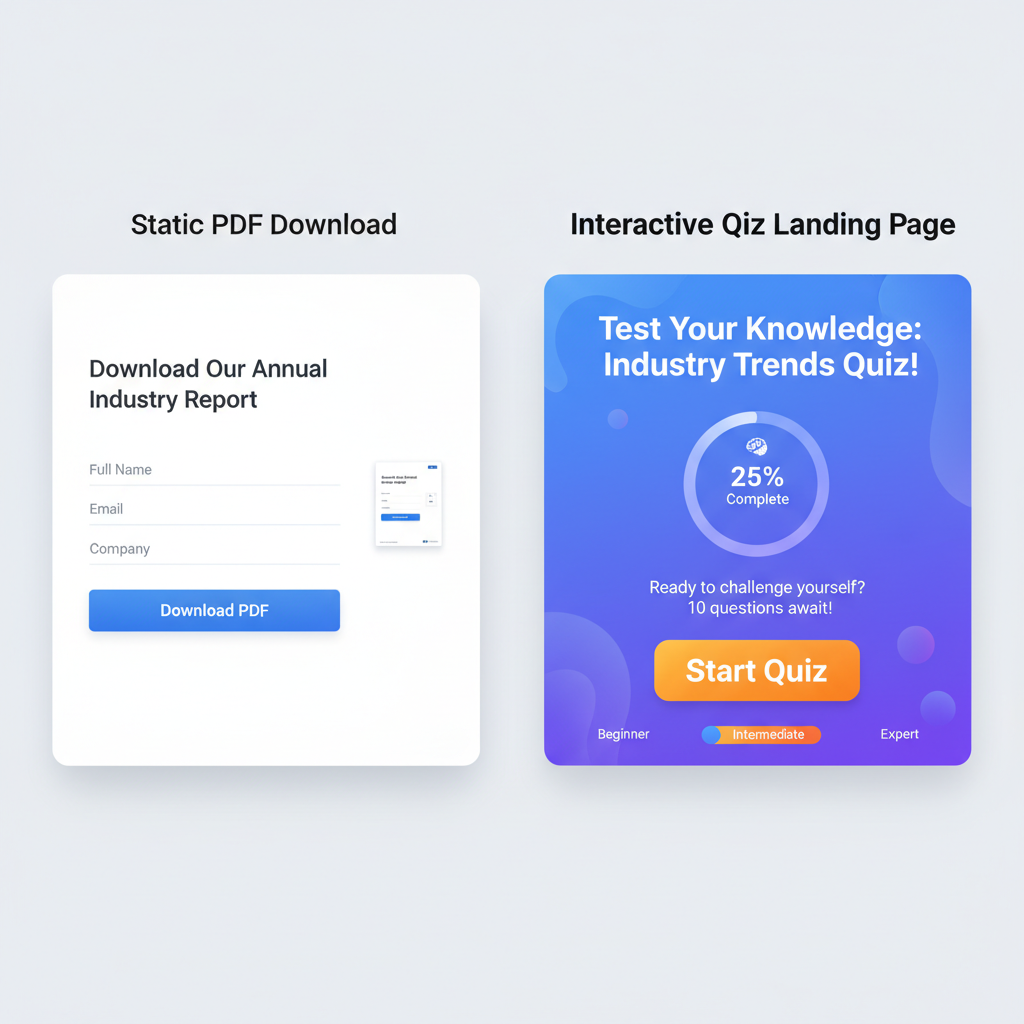 A screenshot comparison of a static PDF download form versus an interactive quiz landing page. The quiz side highlights a 