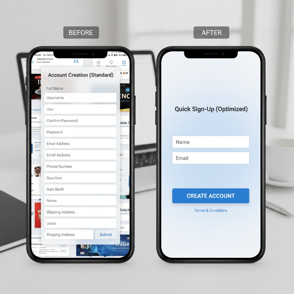 A side-by-side mobile view comparison. The left side shows a cluttered form with 5+ fields that requires scrolling. The right side shows a clean, optimized form with only 'Name' and 'Email' fields fitting perfectly on the screen.