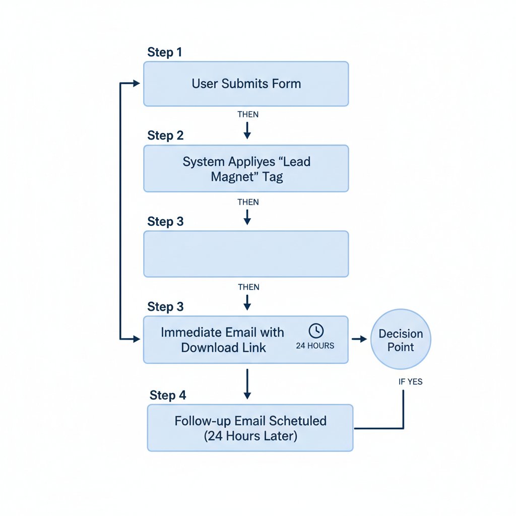 A visual flowchart of an email automation sequence. Step 1: User submits form. Step 2: System applies 'Lead Magnet' tag. Step 3: Immediate email sent with download link. Step 4: Follow-up email scheduled for 24 hours later.