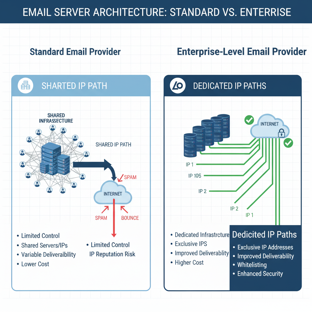 A comparison chart showing the difference in server architecture between a standard email provider and an enterprise-level provider, highlighting dedicated IP paths.