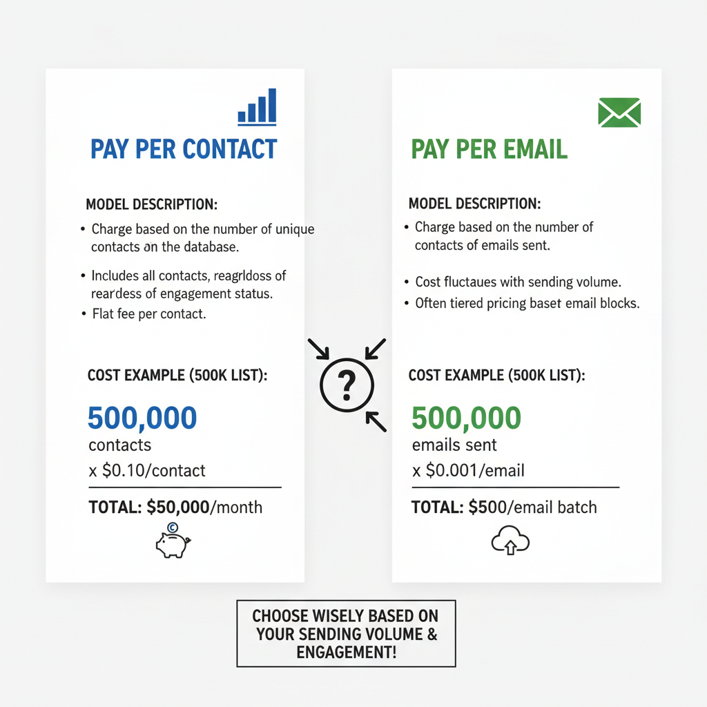 A side-by-side infographic comparing 'Pay Per Contact' versus 'Pay Per Email' pricing models with cost examples for a 500k list.