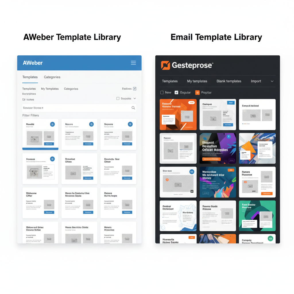 A side-by-side screenshot comparison showing the template library interface of AWeber on the left and GetResponse on the right, highlighting the design style differences.