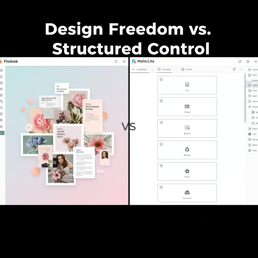 Split screen graphic showing the Flodesk editor interface on the left and the MailerLite editor interface on the right. The Flodesk side shows a collage-style layout with overlapping images. The MailerLite side shows a structured grid layout with drag-and-drop blocks. Text overlay says 