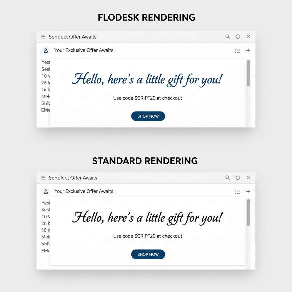 A comparison chart showing how a custom script font renders in an email inbox. The top half shows 