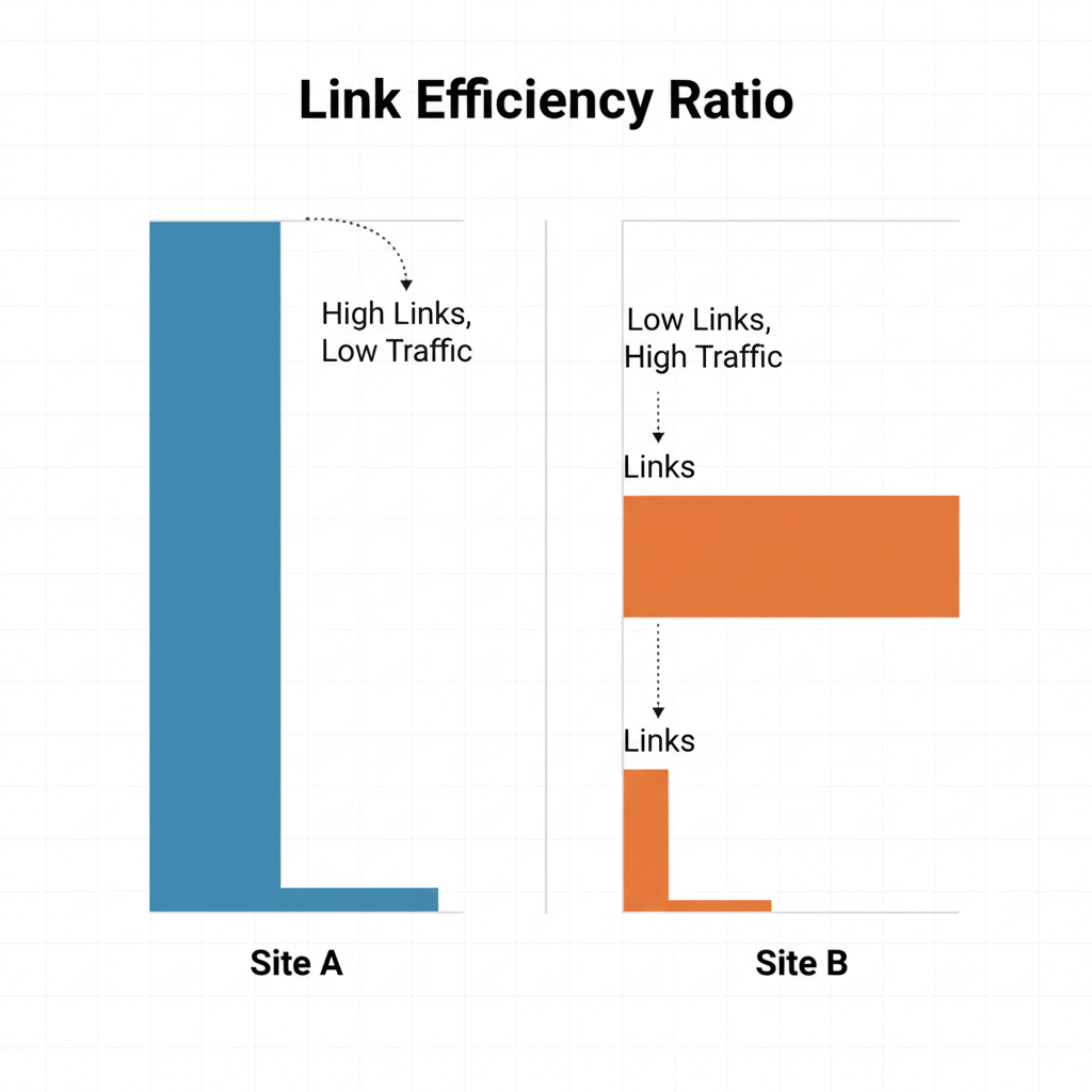 A comparison chart showing two websites. Site A has a tall bar for links but a short bar for traffic. Site B has a short bar for links but a tall bar for traffic. Label this 'Link Efficiency Ratio'.