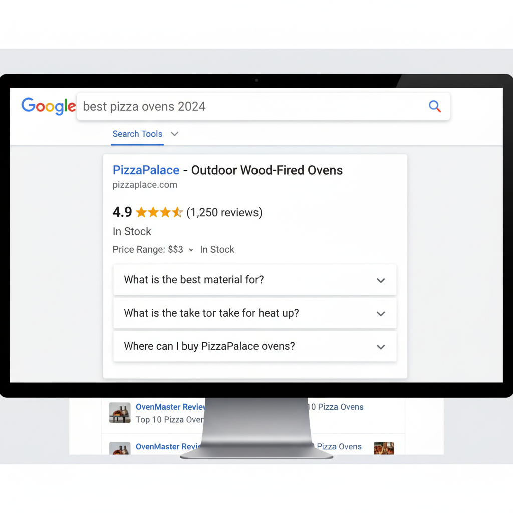 A mockup of a Google Search Result Page showing a result with 'Rich Snippets' like star ratings and FAQ dropdowns taking up more vertical space than a standard result.