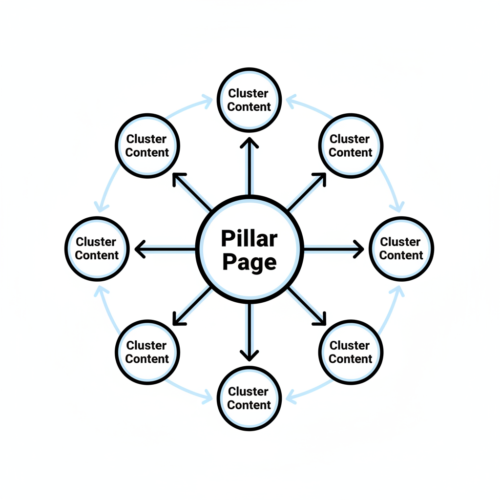 A diagram showing a 'Hub and Spoke' model. A central circle labeled 'Pillar Page' connects to five smaller outer circles labeled 'Cluster Content' with arrows pointing both ways.