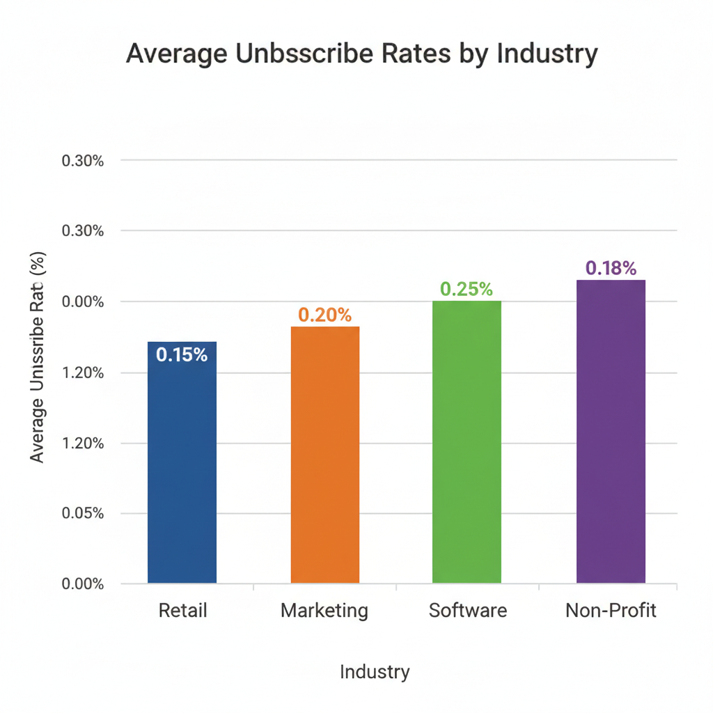 A simple bar chart comparing average unsubscribe rates across four industries: Retail (0.15%), Marketing (0.20%), Software (0.25%), and Non-Profit (0.18%). The chart should use clean, high-contrast colors for readability.