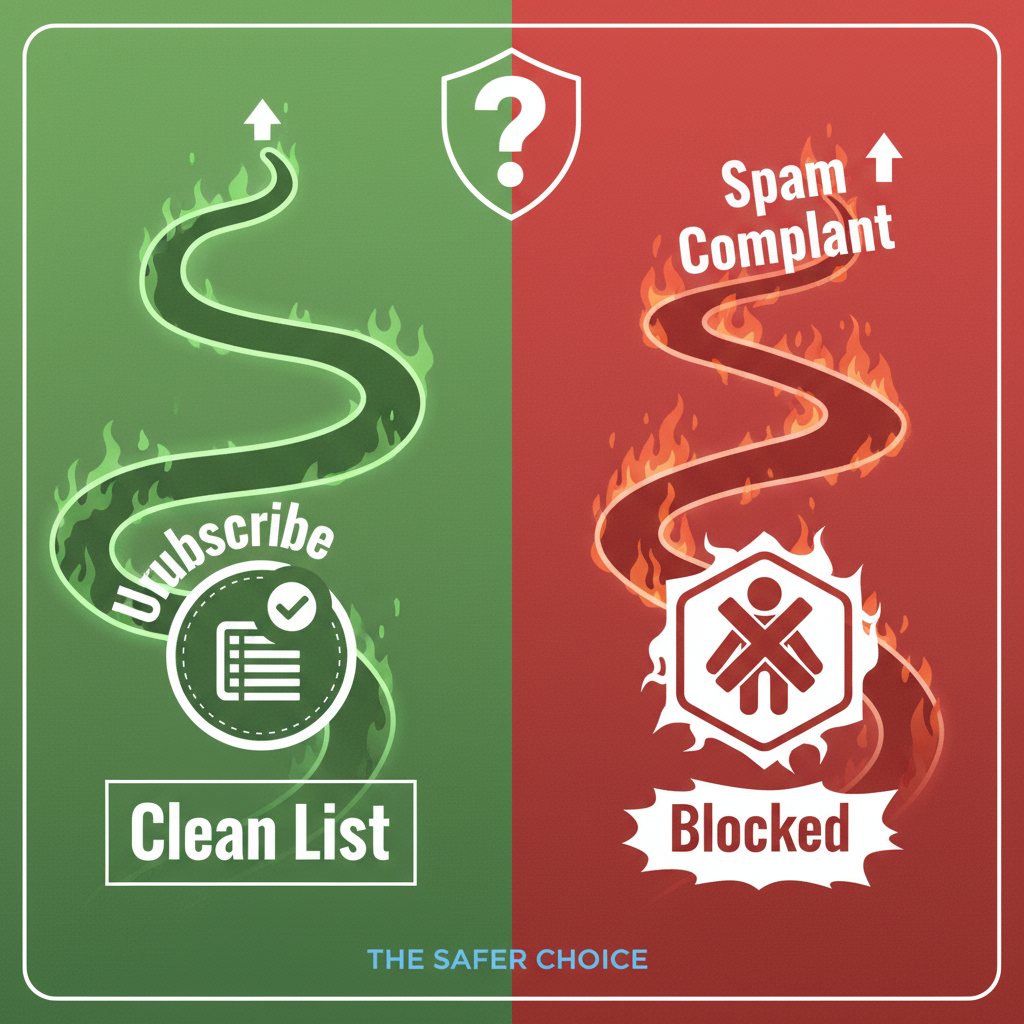 A split-screen illustration showing two paths. On the left, a green path labeled 'Unsubscribe' leads to a 'Clean List' icon. On the right, a red path labeled 'Spam Complaint' leads to a 'Blocked' warning icon. This visualizes the safety of unsubscribes.
