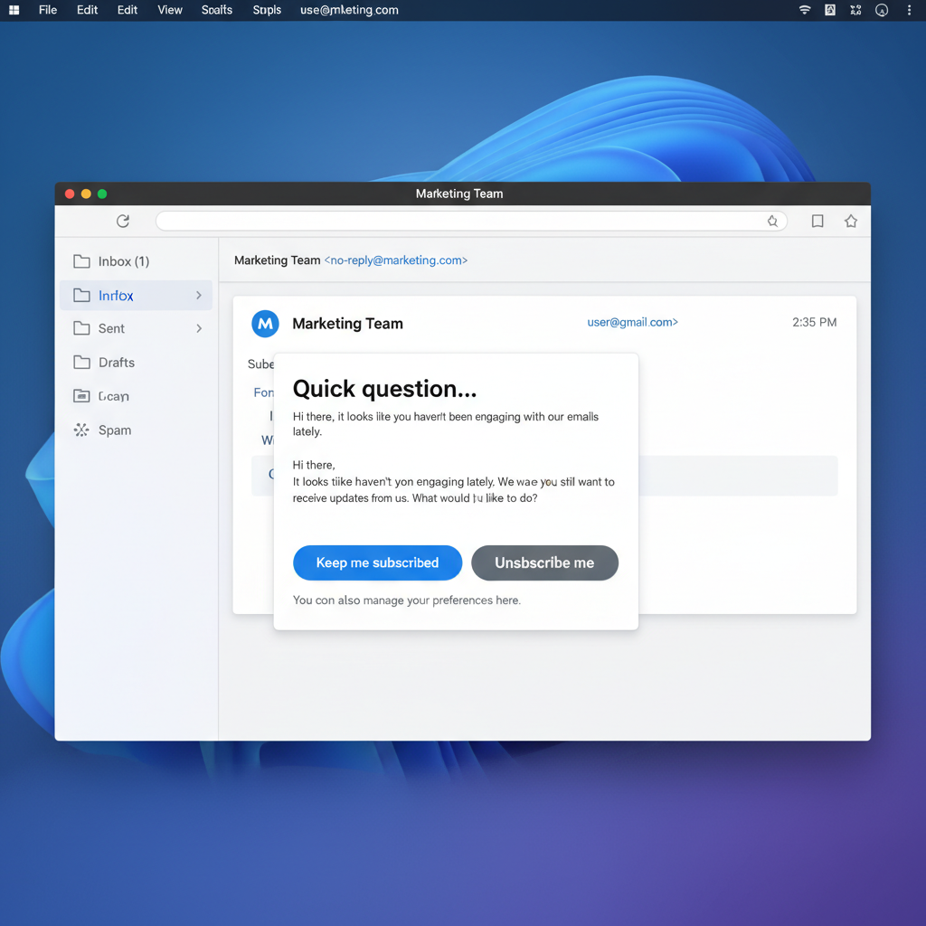 A screenshot of an email inbox showing a re-engagement email. The subject line reads 'Quick question...' and the email body contains a simple message with two buttons: 'Keep me subscribed' and 'Unsubscribe me'.