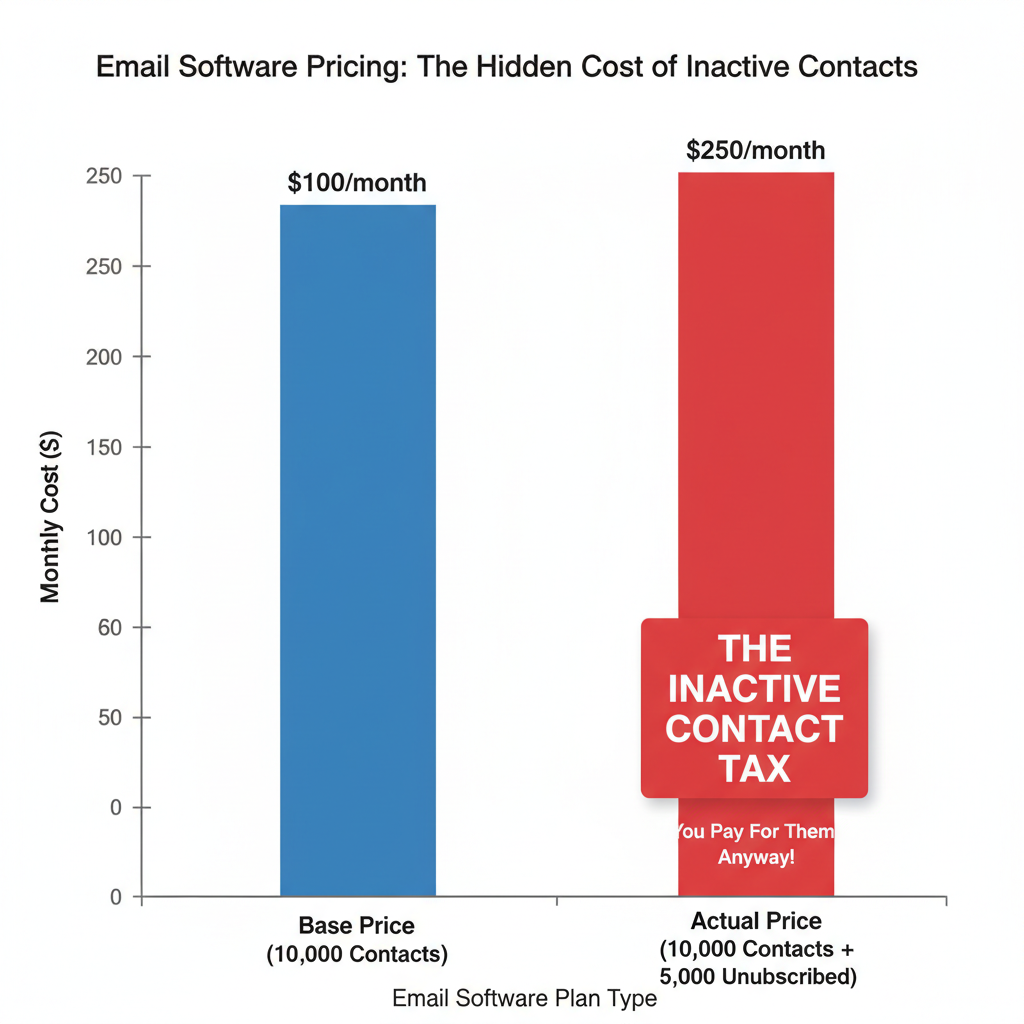 A bar chart comparing the base price of email software versus the actual price with unsubscribed contacts included. The actual price bar is significantly higher, labeled 'The Inactive Contact Tax'.