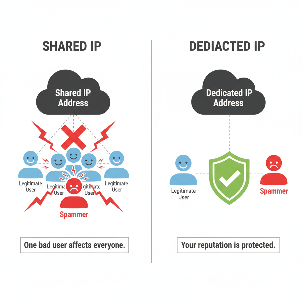 A simple diagram showing a 'Shared IP' with many users and one spammer affecting everyone, versus a 'Dedicated IP' where one user stands alone safely.