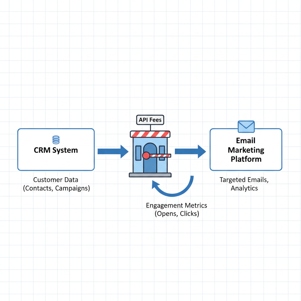 A flowchart illustrating data moving from a CRM to an Email platform, with a toll booth icon labeled 'API Fees' in the middle.