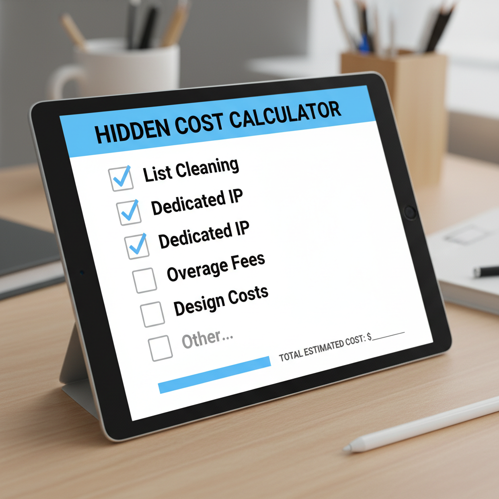A checklist graphic titled 'Hidden Cost Calculator' showing items like 'List Cleaning', 'Dedicated IP', 'Overage Fees', and 'Design Costs'.