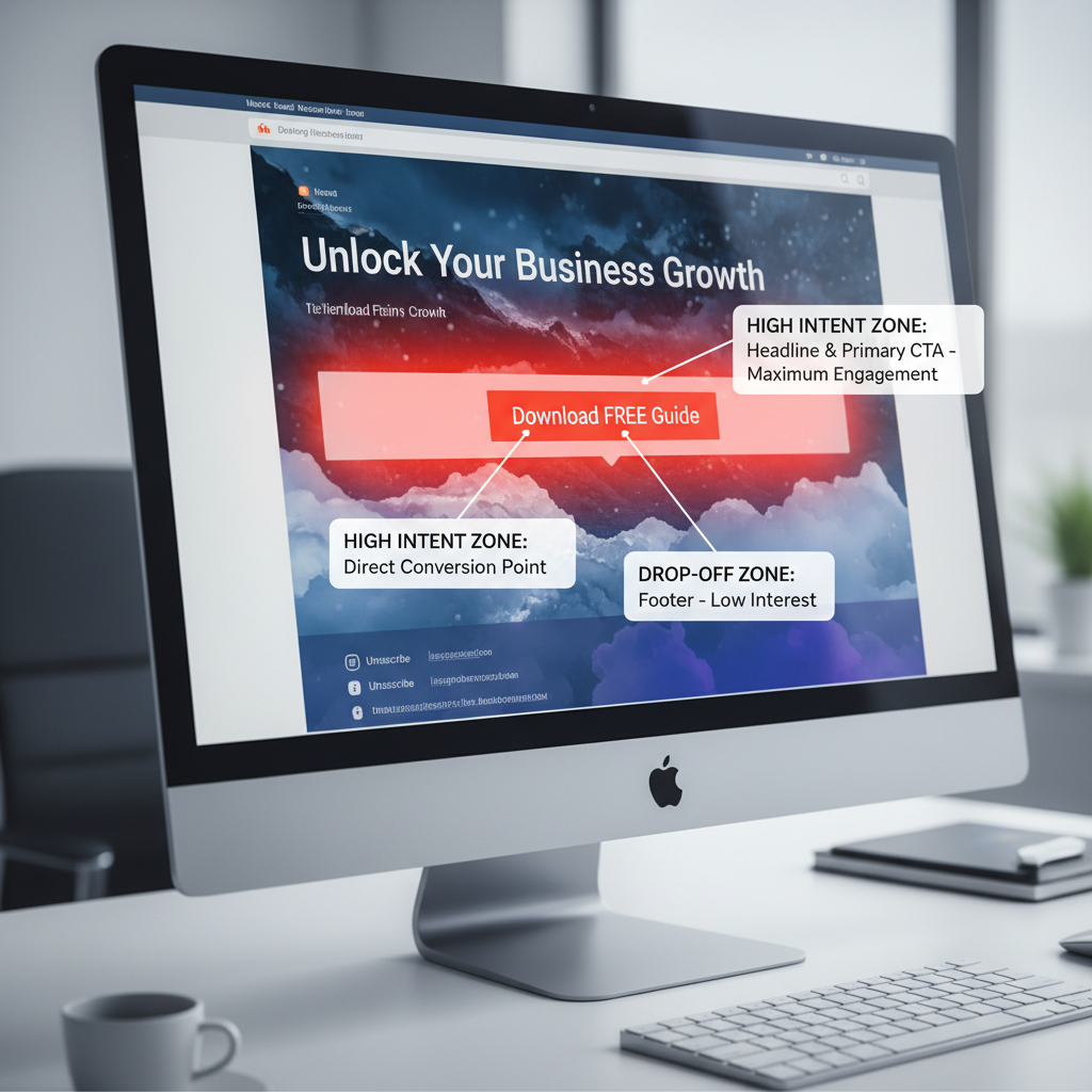 An annotated heatmap of an email newsletter. Red zones indicate high click activity on the headline and primary CTA. Blue zones show low activity in the footer. Callout boxes explain "High Intent Zone" and "Drop-off Zone".