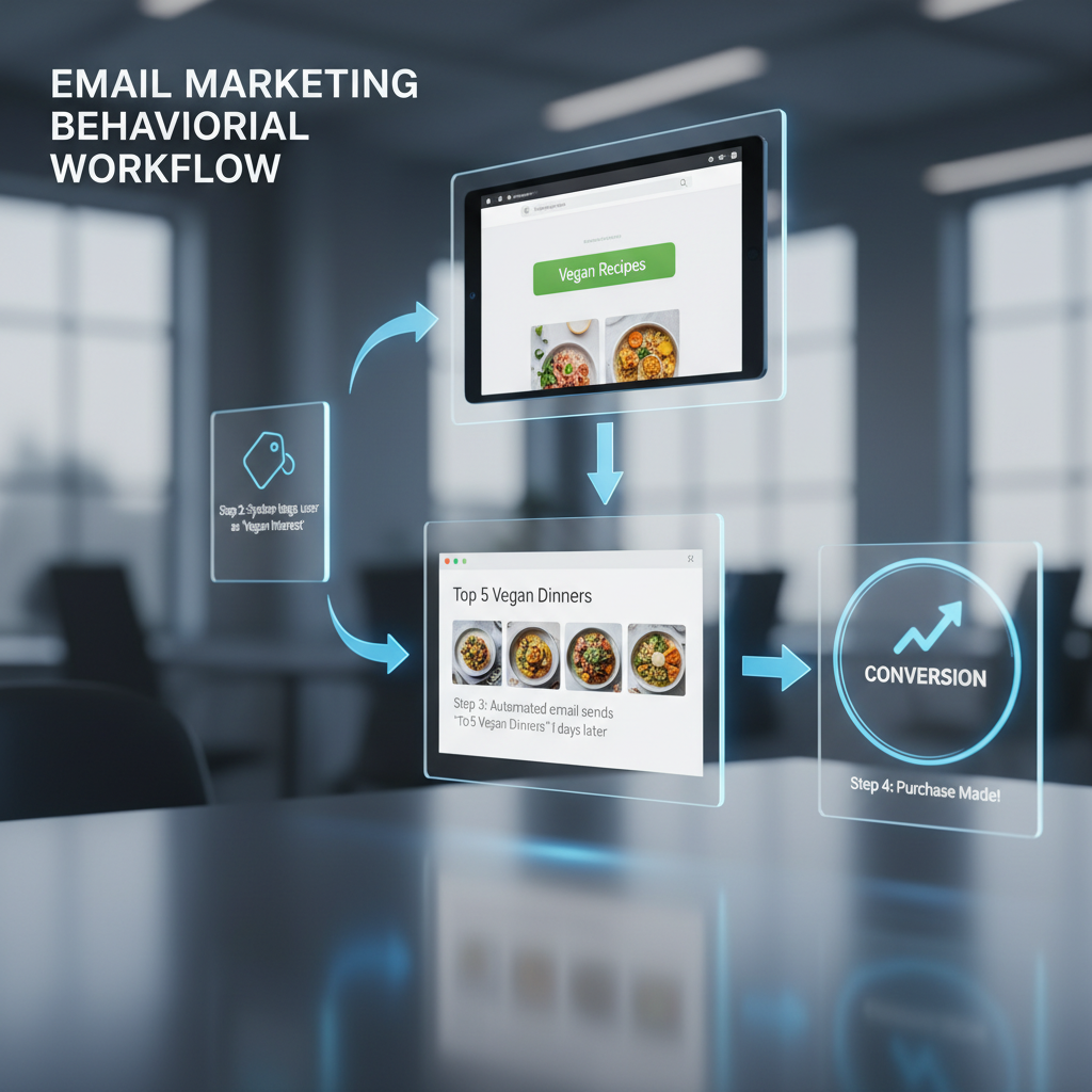 A flowchart illustrating a behavioral workflow. Step 1: User clicks "Vegan Recipes". Step 2: System tags user as "Vegan Interest". Step 3: Automated email sends "Top 5 Vegan Dinners" 2 days later. Step 4: Conversion.