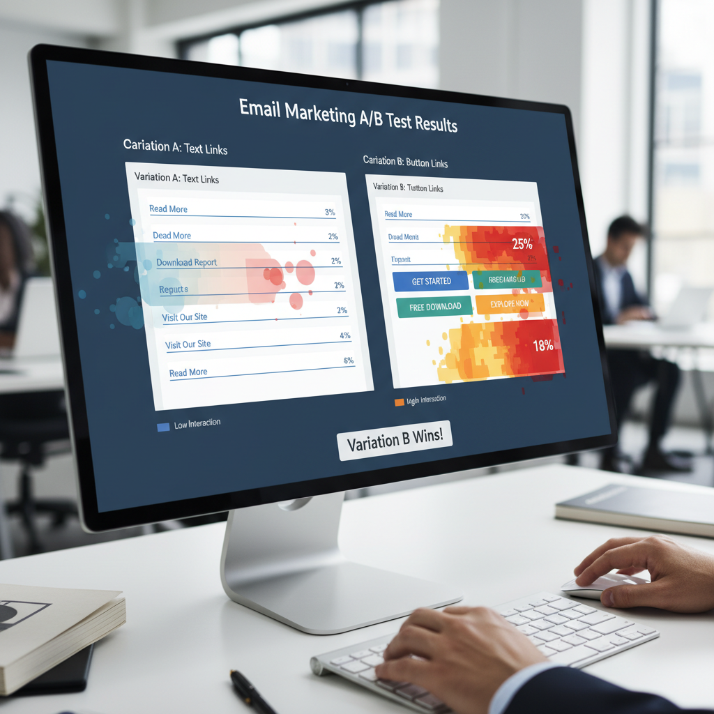 A screenshot of a dashboard showing a "Click Map" comparison. One side shows text-based links with low interaction, the other shows button-based links with high interaction, demonstrating the result of an A/B test.