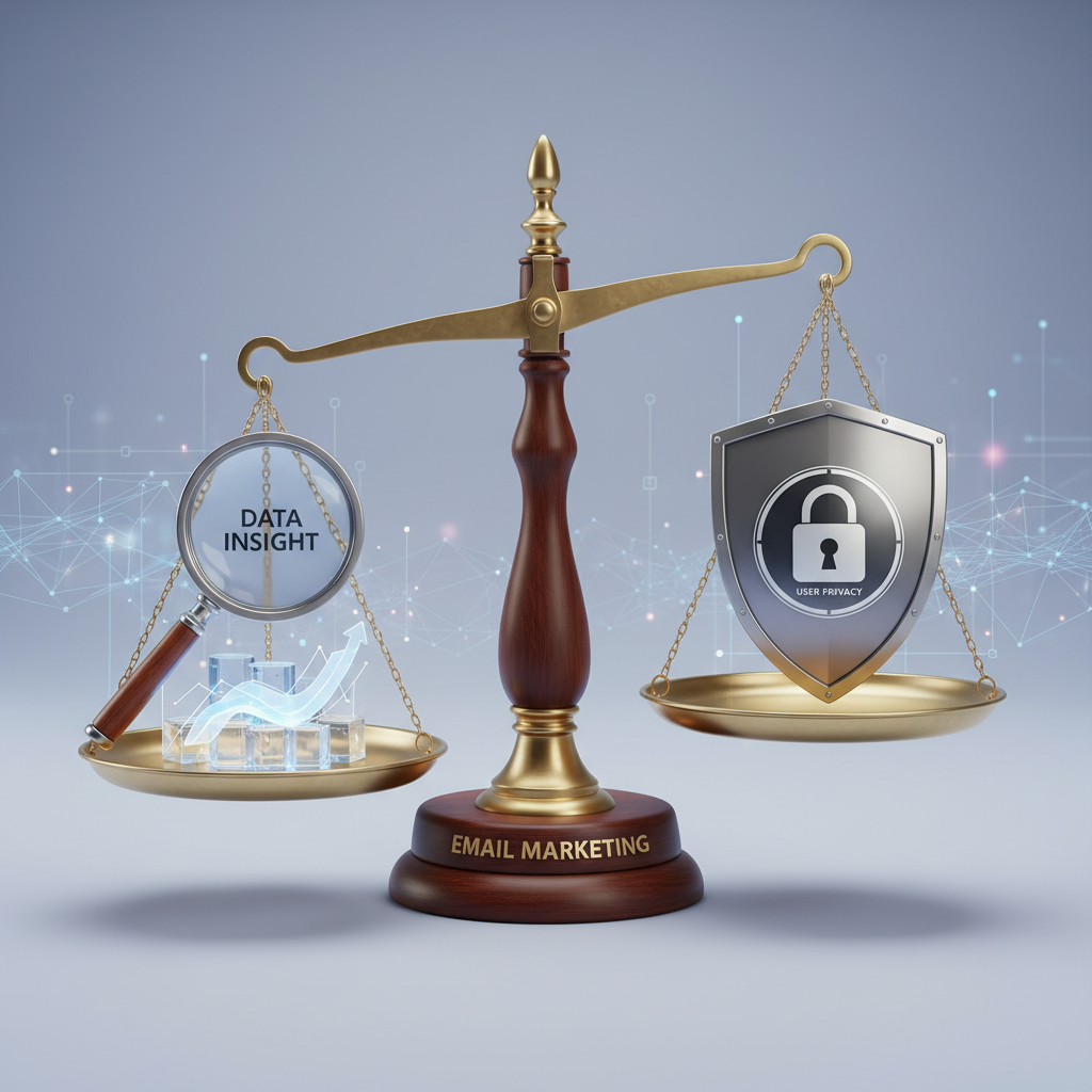 A conceptual illustration of a balance scale. On one side is a magnifying glass representing "Data Insight," on the other is a shield representing "User Privacy." The scale is perfectly balanced.
