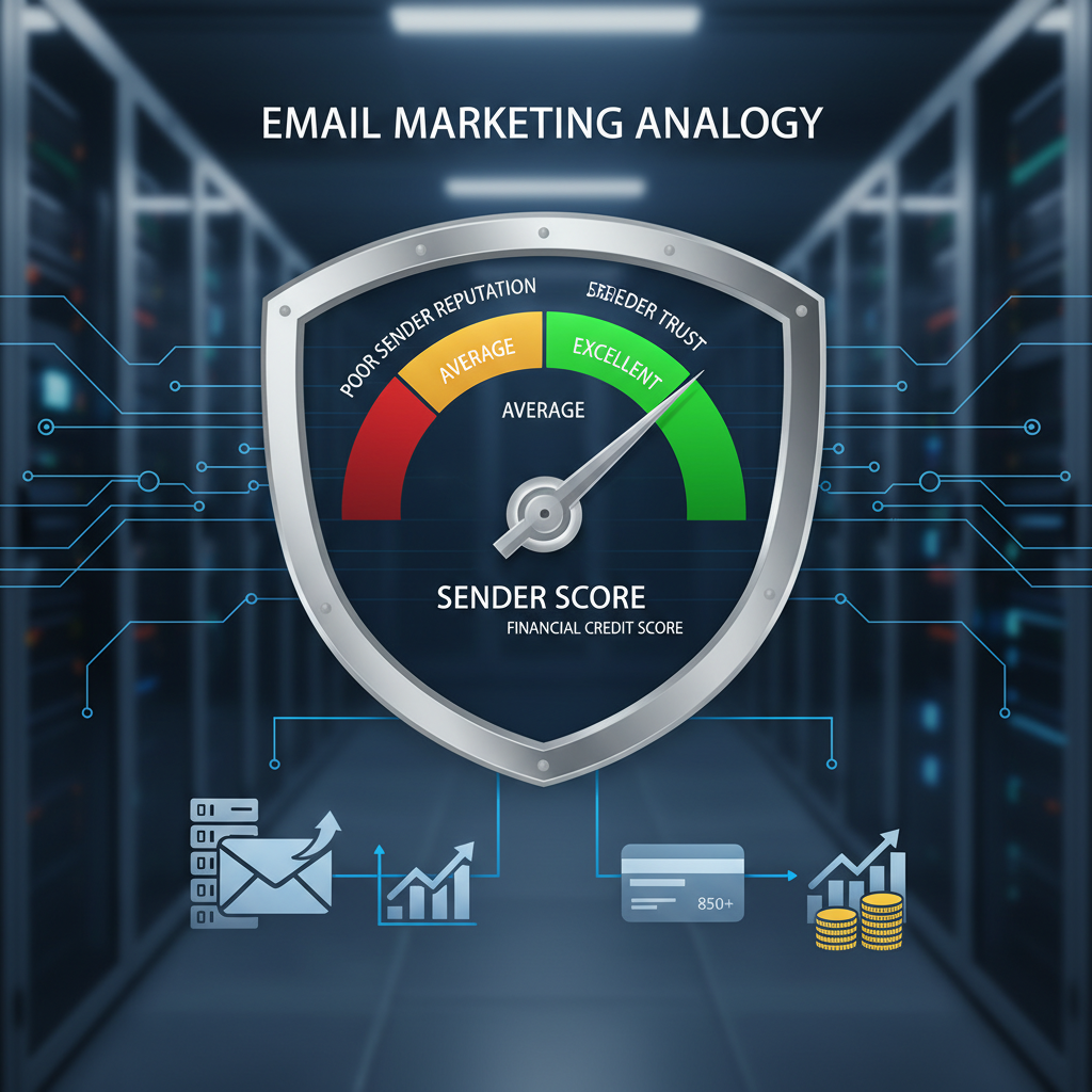 A conceptual illustration comparing an email sender reputation to a financial credit score, showing a gauge moving from red (poor) to green (excellent).