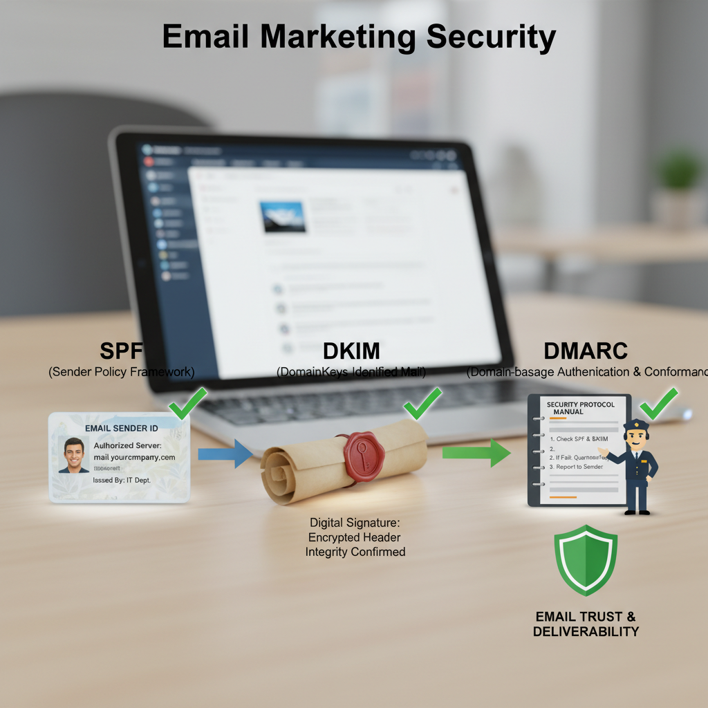 An infographic explaining the relationship between SPF, DKIM, and DMARC, using the analogy of an ID card, a wax seal, and a security guard's instruction manual.