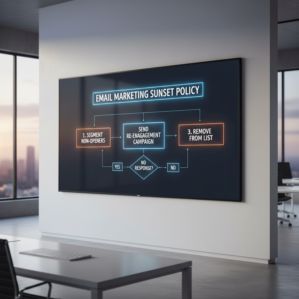 A step-by-step flowchart showing a "Sunset Policy" process: Segment non-openers > Send re-engagement campaign > If no response, remove from list.