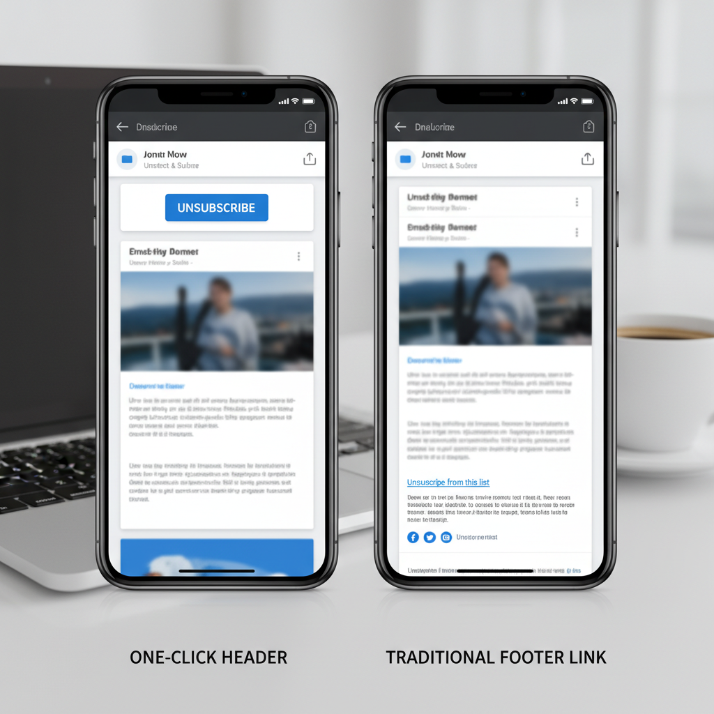 A graphic illustrating the "One-Click Unsubscribe" header versus a traditional footer link, highlighting the user interface difference.