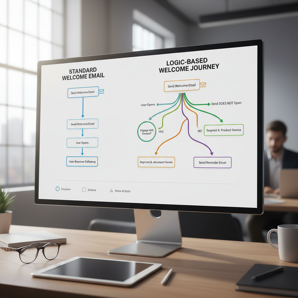 A comparative infographic showing the linear path of a standard welcome email versus a branched, logic-based welcome journey with multiple outcomes.