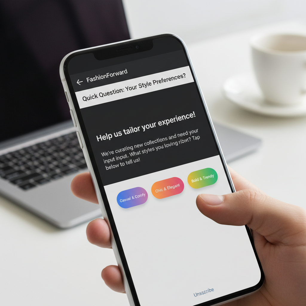 A screenshot mockup of a mobile email view showing a "Micro-Survey" with three clickable buttons for user preferences.