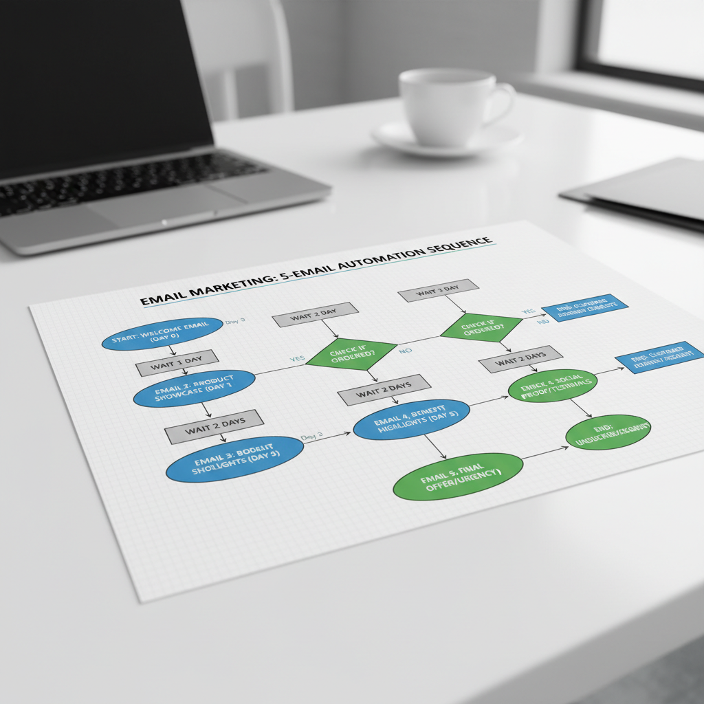 A flowchart diagram illustrating the 5-email sequence, including time delays and "Check if Ordered" decision diamonds.