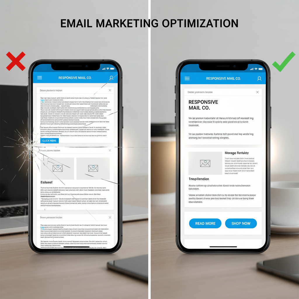 A split-screen comparison showing a broken, non-responsive email on a smartphone versus a perfectly optimized responsive email, highlighting readable text and clear buttons.