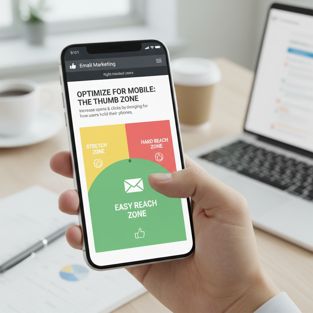 An infographic illustrating the 'Thumb Zone' on a smartphone screen, showing the easy-to-reach areas versus the hard-to-reach corners for right-handed users.
