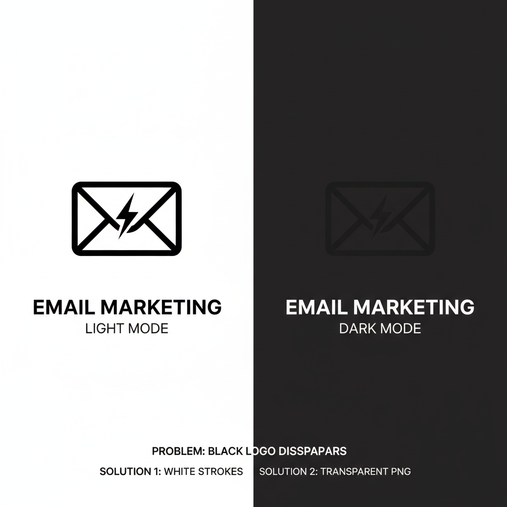 A side-by-side comparison of an email logo. On the left (Light Mode), it looks perfect. On the right (Dark Mode), the black logo disappears against the dark background, illustrating the need for white strokes or transparent PNGs.