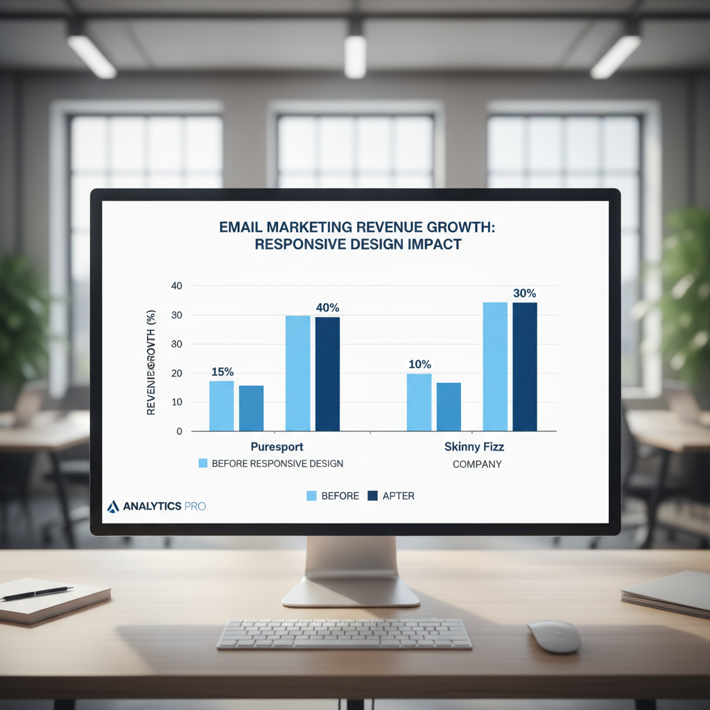 A bar chart visualization showing the revenue growth percentages for Puresport and Skinny Fizz before and after implementing responsive design strategies.