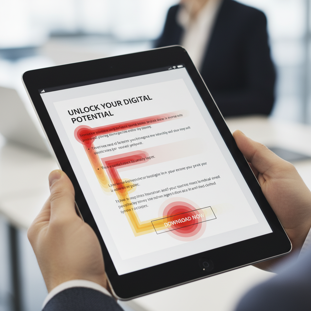 Heatmap visualization of an email showing the 'F-Pattern' scanning behavior, with red hotspots over the headline and the primary CTA button, illustrating where eyes naturally fall.