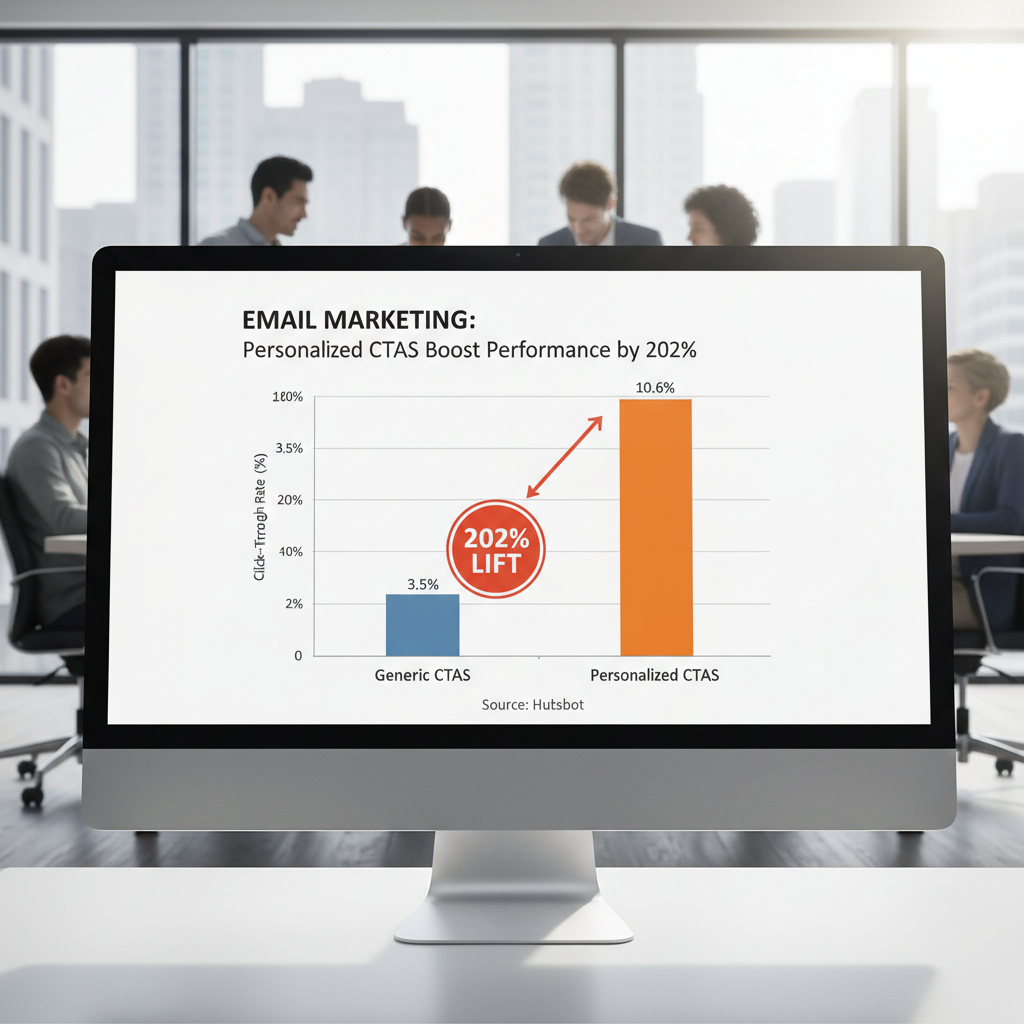 Bar chart comparing the performance of Generic CTAs vs. Personalized CTAs, showing the massive 202% lift reported by HubSpot.
