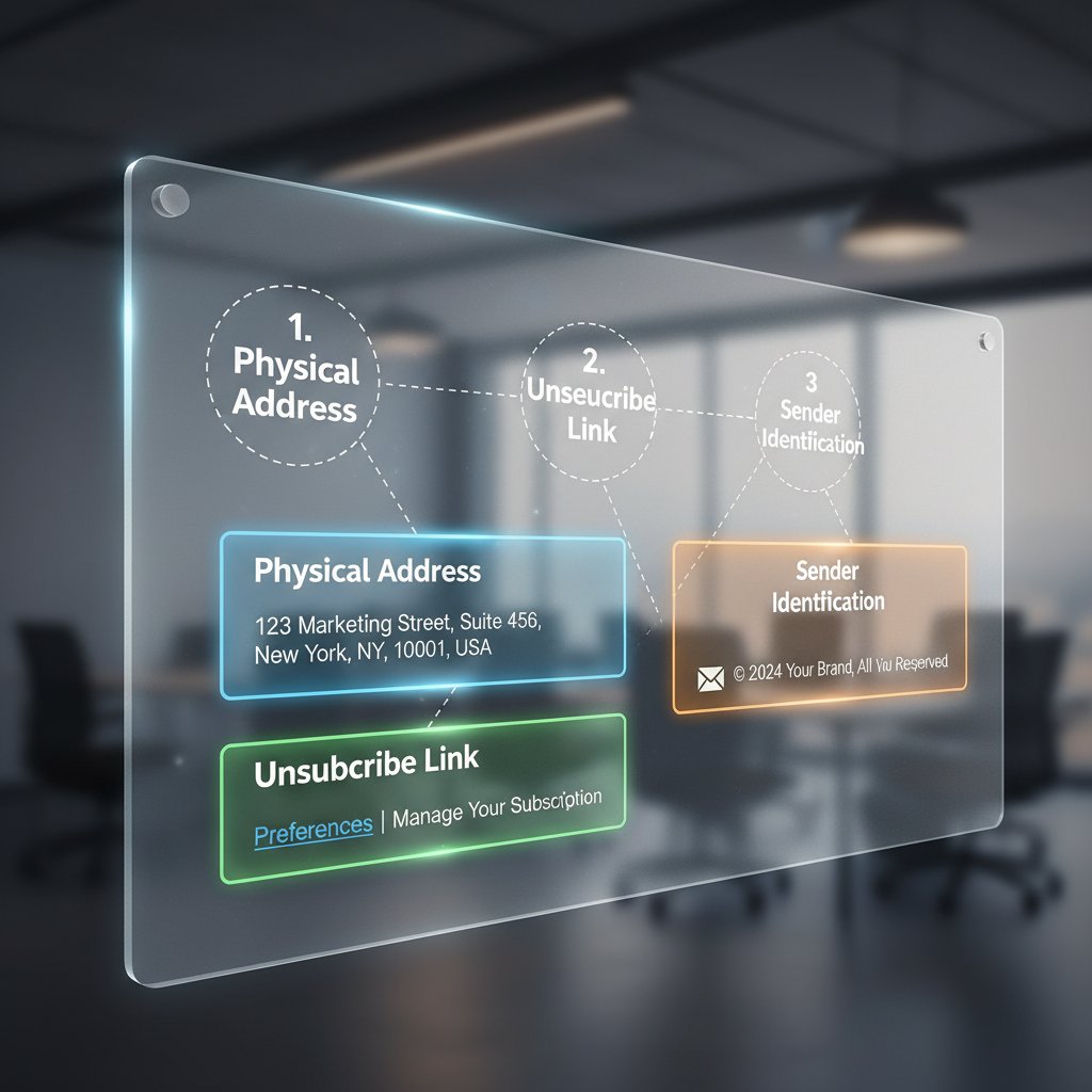 Infographic titled "The Anatomy of a Compliant Email Footer" showing a standard email footer with highlighted areas for physical address, unsubscribe link, and sender identification.