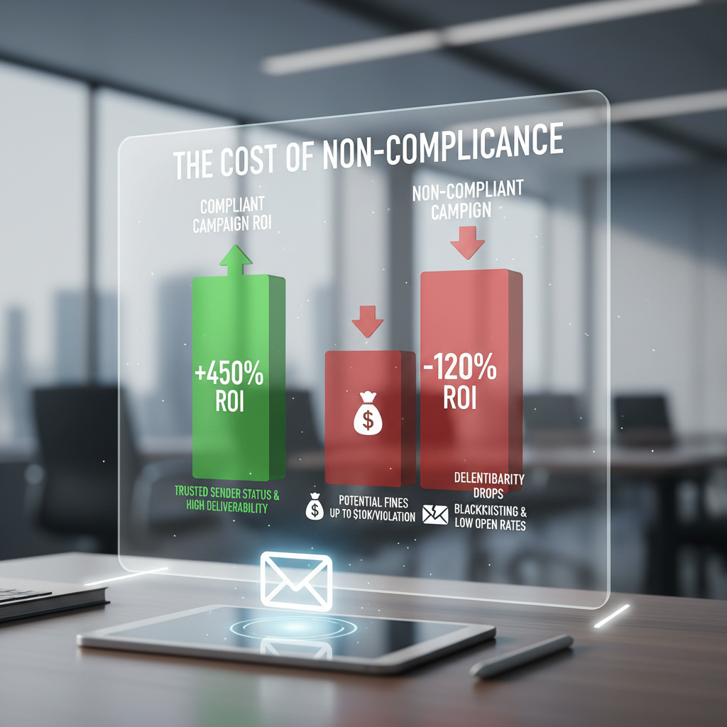 Chart titled "The Cost of Non-Compliance" comparing a compliant campaign ROI vs. a non-compliant campaign with potential fines and deliverability drops.