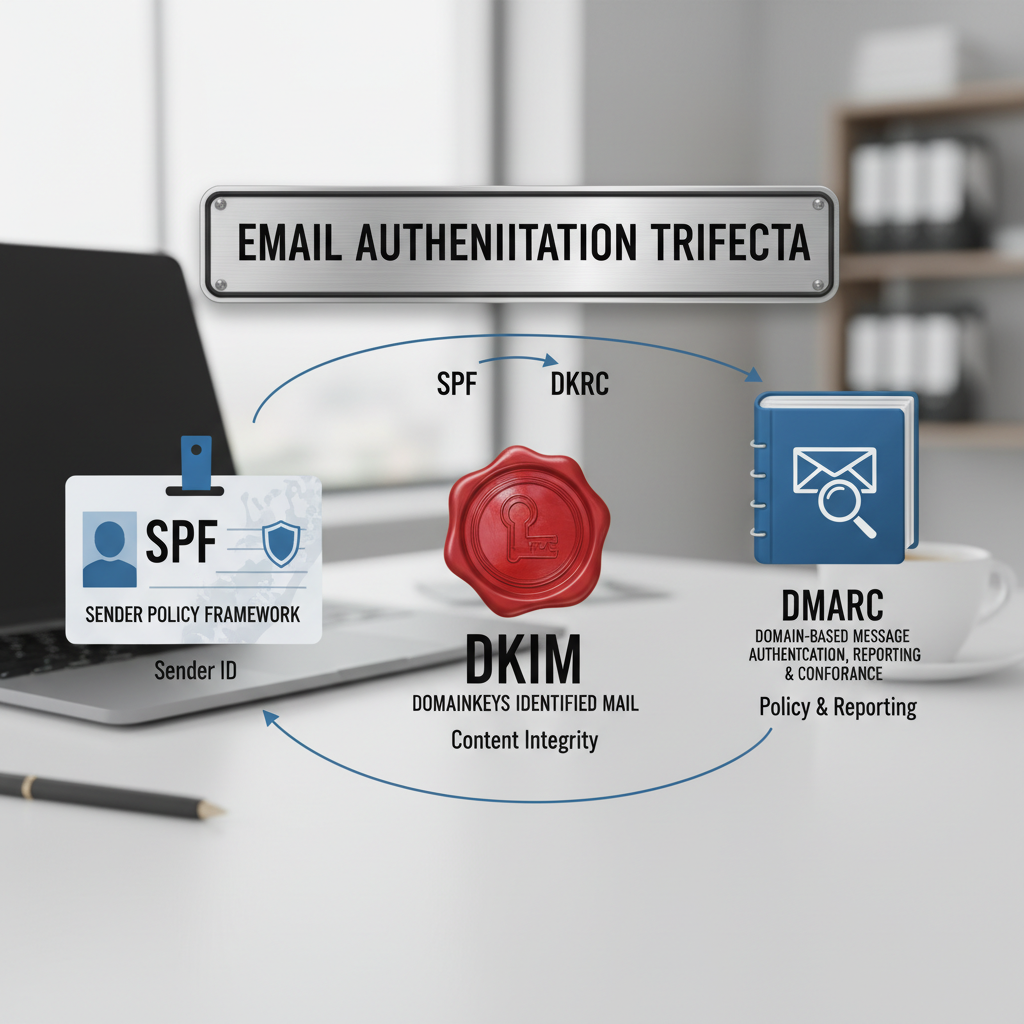 Diagram titled "Email Authentication Trifecta" showing how SPF (ID Card), DKIM (Wax Seal), and DMARC (Instruction Manual) work together to verify an email.