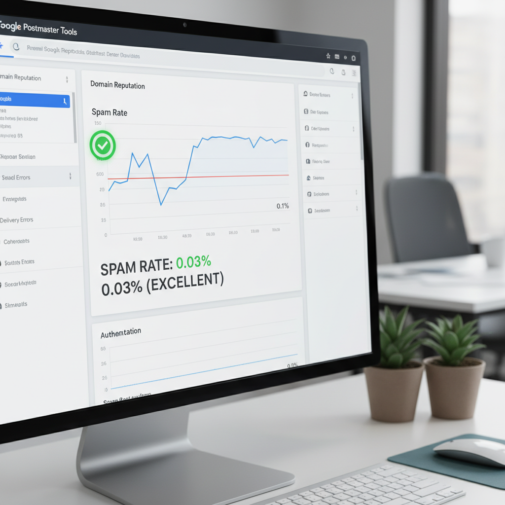 Screenshot of Google Postmaster Tools dashboard highlighting the "Spam Rate" graph and keeping it below 0.1%.