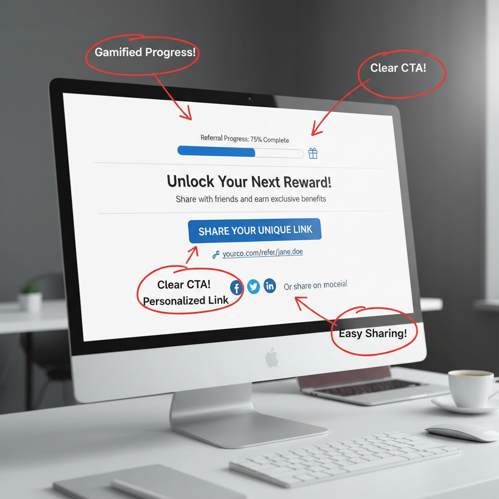 Screenshot of an annotated "perfect" referral email footer with a progress bar and clear CTA