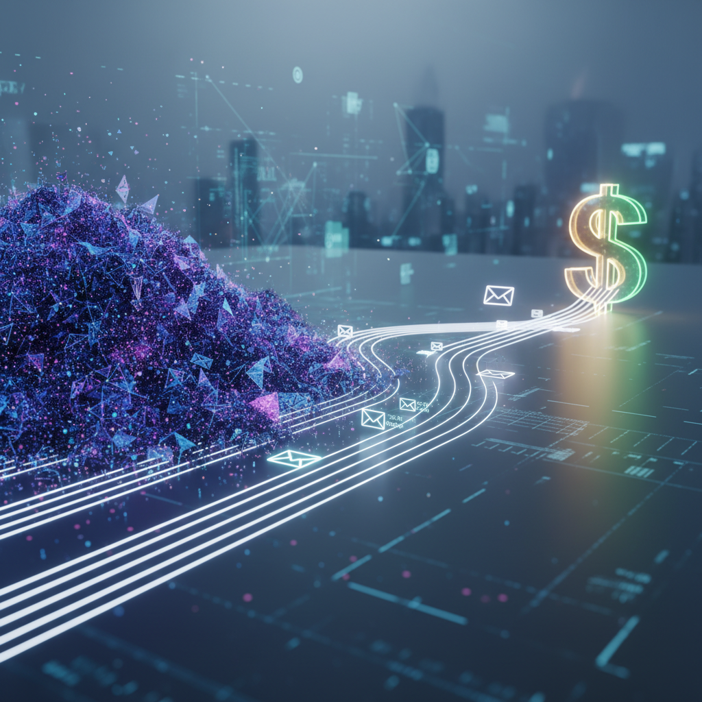 A conceptual illustration showing a messy pile of data points transforming into organized, streamlined email pathways leading to a dollar sign.