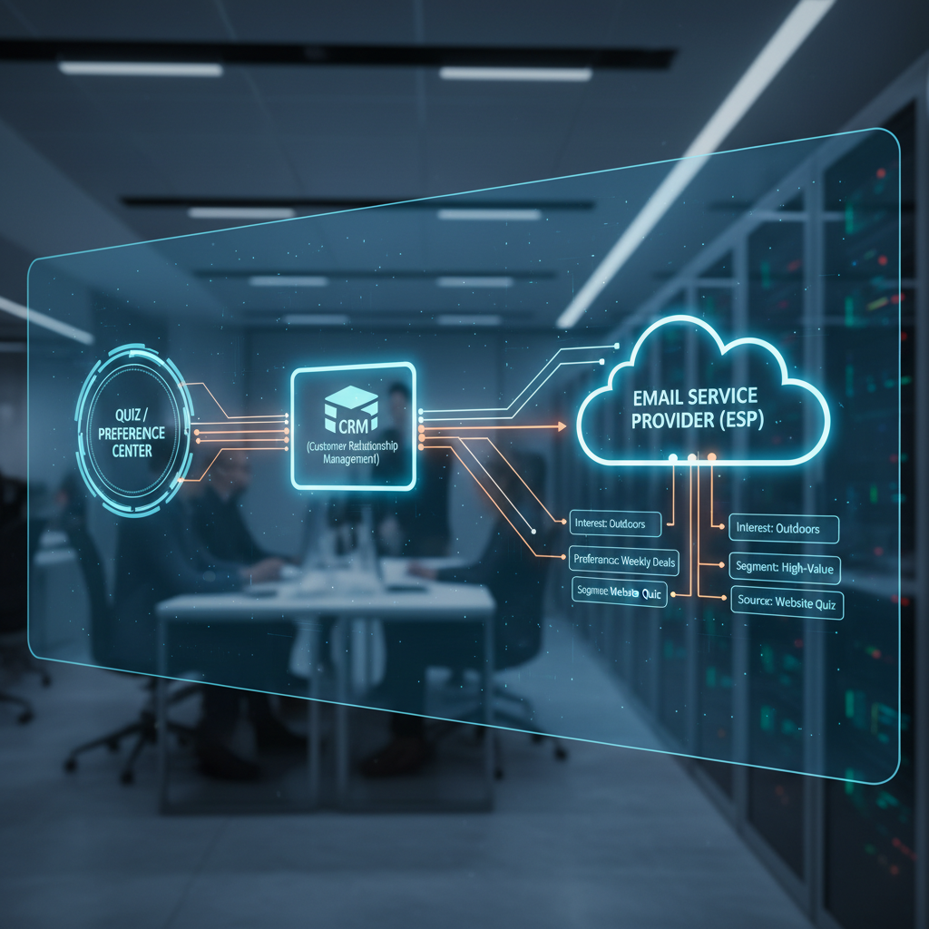 Diagram showing the flow of data from a 'Quiz/Preference Center' into a CRM, then syncing to an Email Service Provider (ESP) with tags being applied automatically.