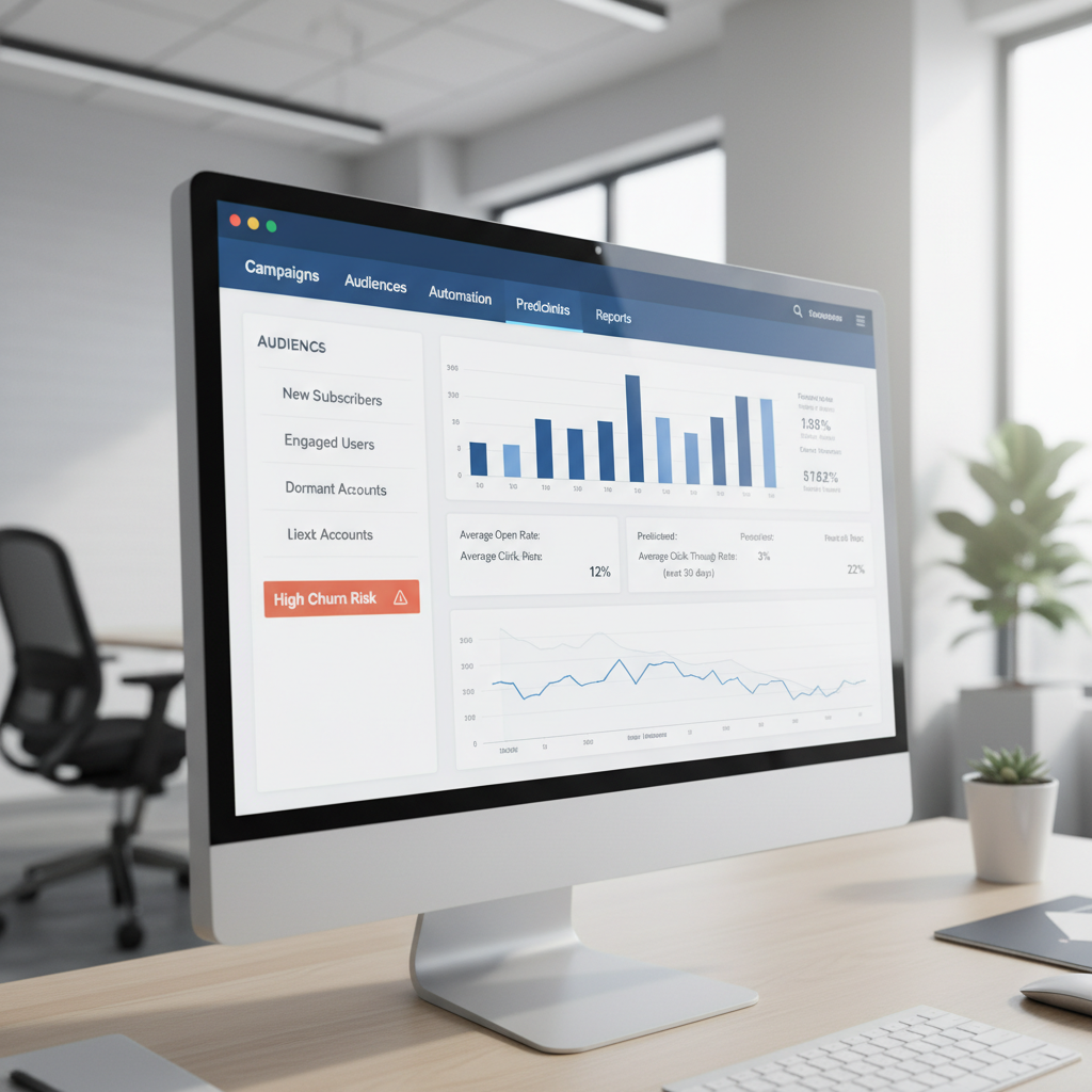 A screenshot mock-up of an email marketing dashboard showing a 'Predictive Analytics' tab with a segment called 'High Churn Risk' highlighted.