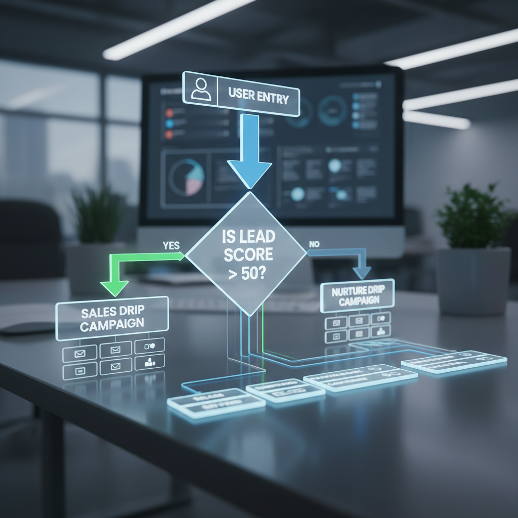 A flowchart visualizing a branching workflow: A user enters, a diamond shape asks 'Is Lead Score > 50?', 'Yes' branch goes to Sales Drip, 'No' branch goes to Nurture Drip.